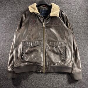 Tommy Hilfiger Mens Faux Leather Bomber Jacket XL Brown Sherpa Collar Patches